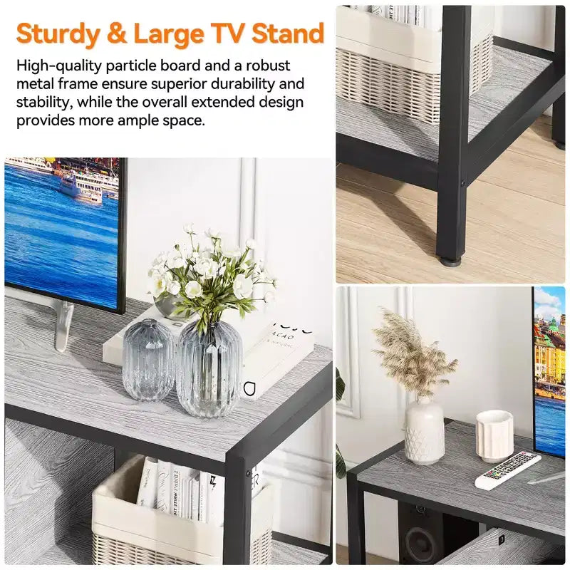 Meuble TV industriel pour téléviseurs jusqu'à 75 pouces, meuble de divertissement avec portes à ouverture par pression, console de style ferme avec étagères de rangement ouvertes, 167 cm, marron rustique