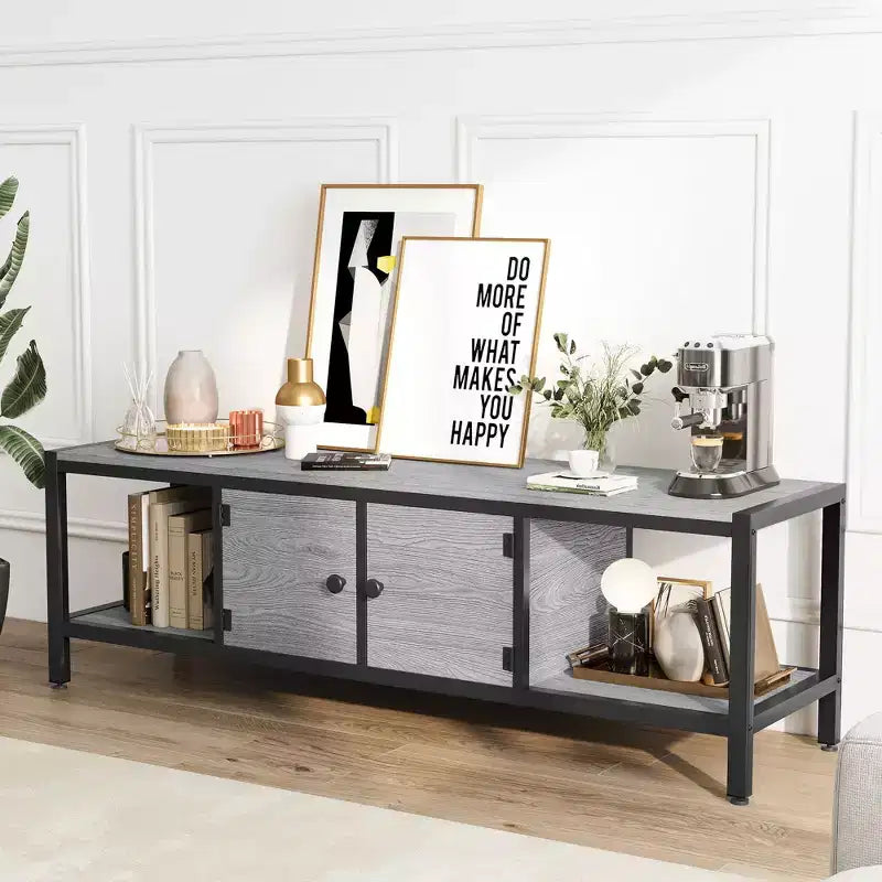 Meuble TV industriel pour téléviseurs jusqu'à 75 pouces, meuble de divertissement avec portes à ouverture par pression, console de style ferme avec étagères de rangement ouvertes, 167 cm, marron rustique