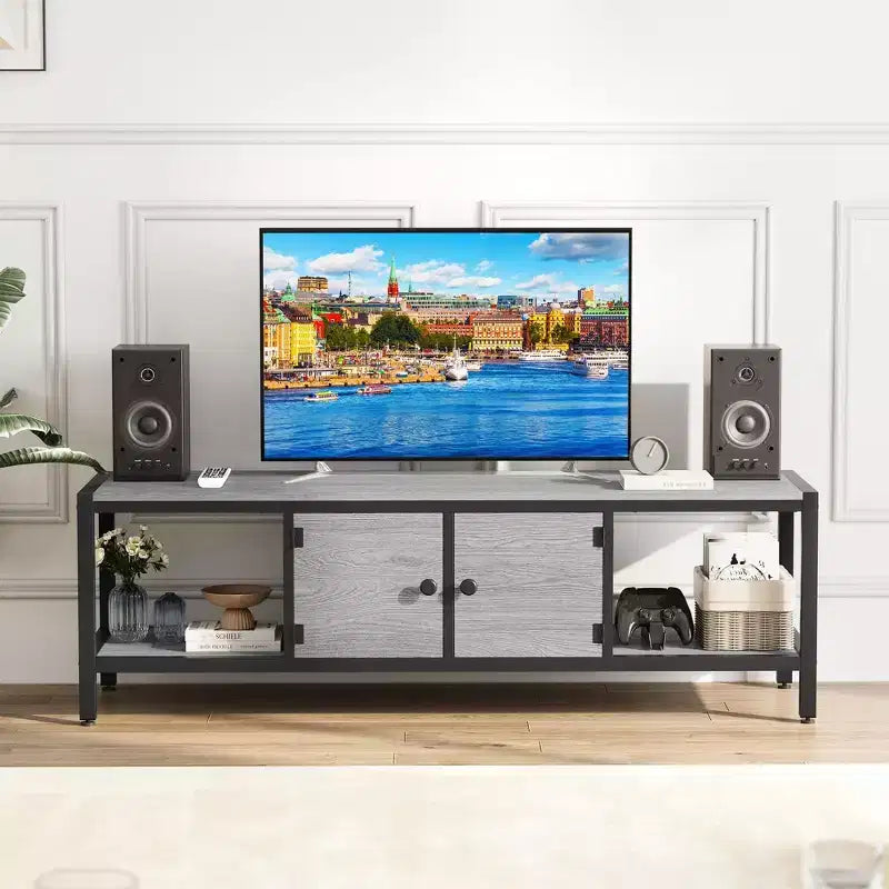 Meuble TV industriel pour téléviseurs jusqu'à 75 pouces, meuble de divertissement avec portes à ouverture par pression, console de style ferme avec étagères de rangement ouvertes, 167 cm, marron rustique