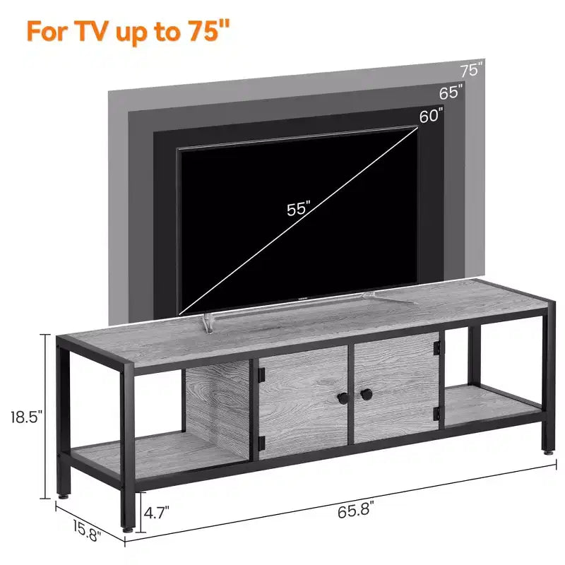 Meuble TV industriel pour téléviseurs jusqu'à 75 pouces, meuble de divertissement avec portes à ouverture par pression, console de style ferme avec étagères de rangement ouvertes, 167 cm, marron rustique