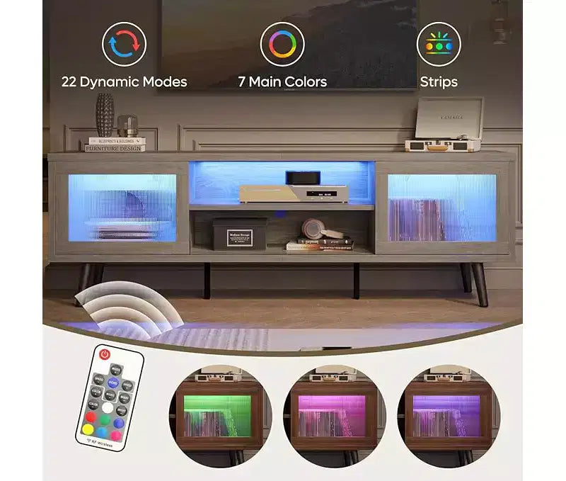 Meuble TV moderne de 160 cm avec éclairage LED, pour téléviseurs jusqu'à 70 pouces