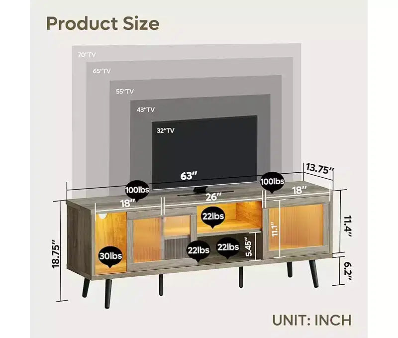 Meuble TV moderne de 160 cm avec éclairage LED, pour téléviseurs jusqu'à 70 pouces