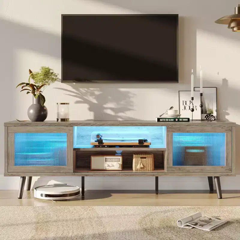 Meuble TV moderne de 160 cm avec éclairage LED, pour téléviseurs jusqu'à 70 pouces