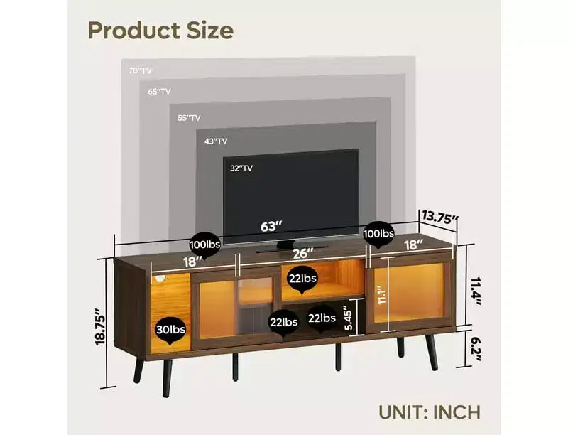 Meuble TV moderne de 160 cm avec éclairage LED, pour téléviseurs jusqu'à 70 pouces