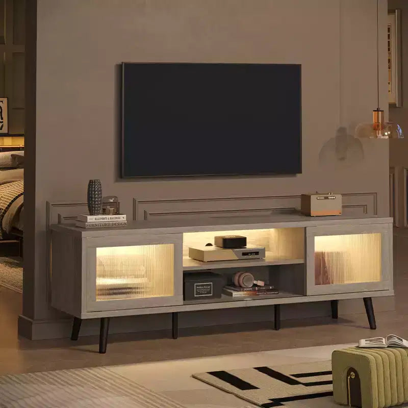 Meuble TV moderne de 160 cm avec éclairage LED, pour téléviseurs jusqu'à 70 pouces