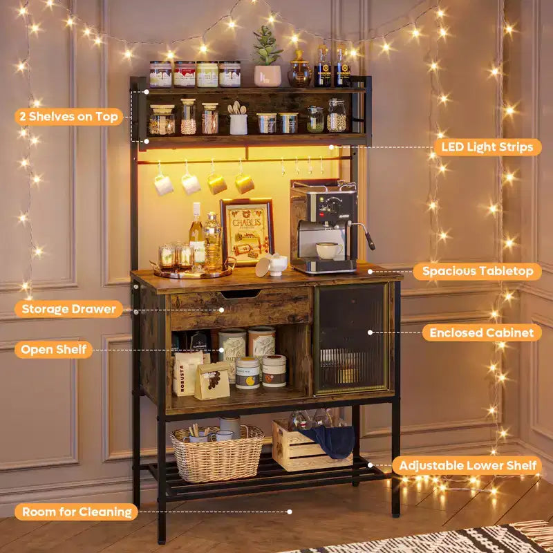 Étagère de cuisine de 60 pouces avec lumière LED - Support pour micro-ondes à 6 niveaux avec tiroir de rangement et 8 crochets