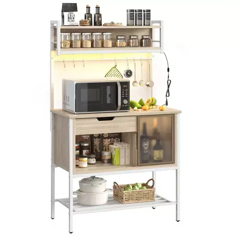 Étagère de cuisine de 60 pouces avec lumière LED - Support pour micro-ondes à 6 niveaux avec tiroir de rangement et 8 crochets