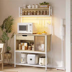Étagère de cuisine de 60 pouces avec lumière LED - Support pour micro-ondes à 6 niveaux avec tiroir de rangement et 8 crochets