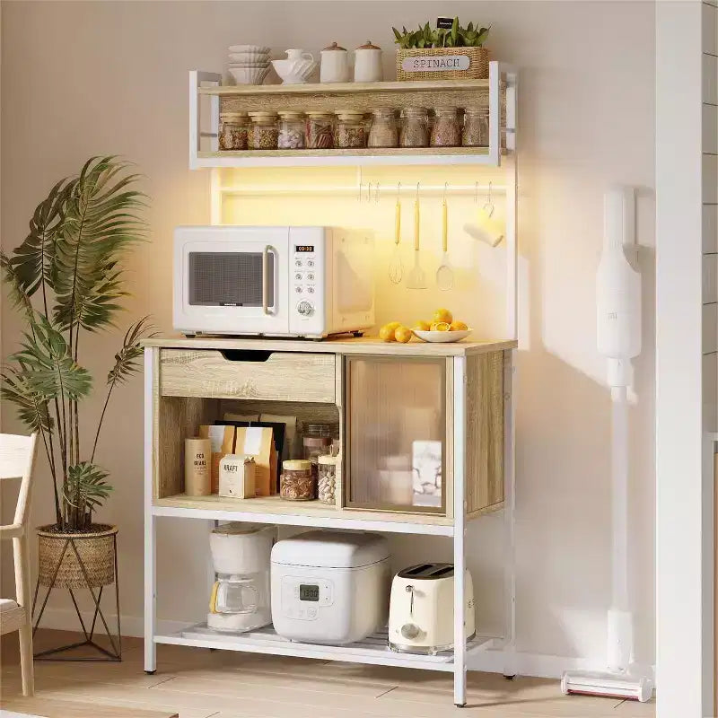 Étagère de cuisine de 60 pouces avec lumière LED - Support pour micro-ondes à 6 niveaux avec tiroir de rangement et 8 crochets