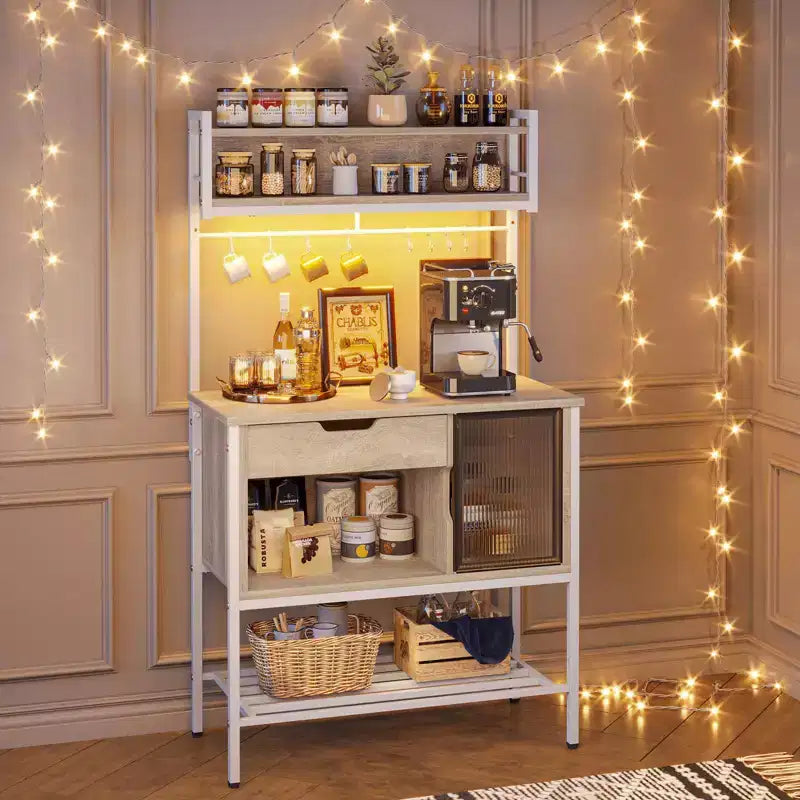 Étagère de cuisine de 60 pouces avec lumière LED - Support pour micro-ondes à 6 niveaux avec tiroir de rangement et 8 crochets