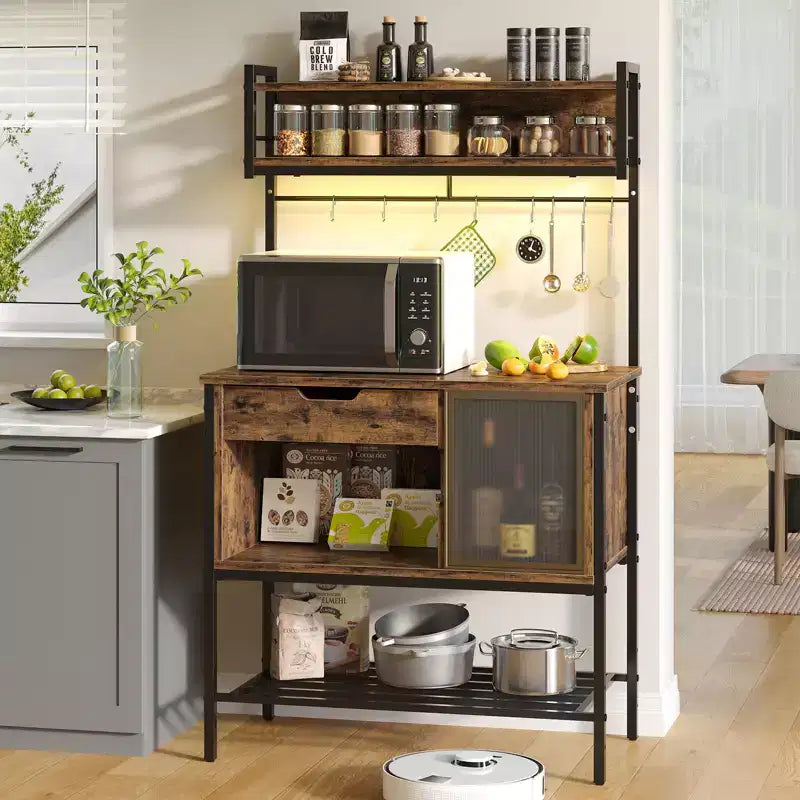 Étagère de cuisine de 60 pouces avec lumière LED - Support pour micro-ondes à 6 niveaux avec tiroir de rangement et 8 crochets