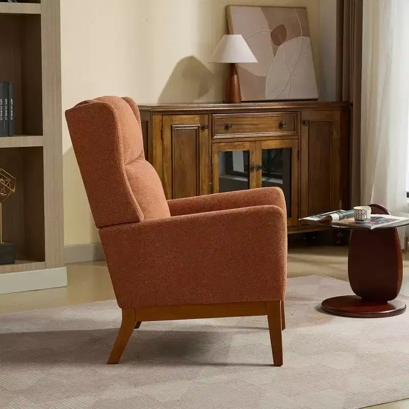 Fauteuil moderne avec assise rembourrée, structure en bois massif, canapé individuel à dossier haut pour salon et chambre à coucher