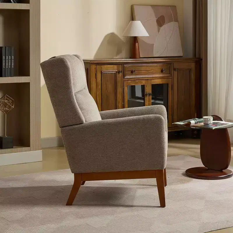 Fauteuil moderne avec assise rembourrée, structure en bois massif, canapé individuel à dossier haut pour salon et chambre à coucher