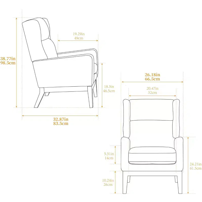 Fauteuil moderne avec assise rembourrée, structure en bois massif, canapé individuel à dossier haut pour salon et chambre à coucher