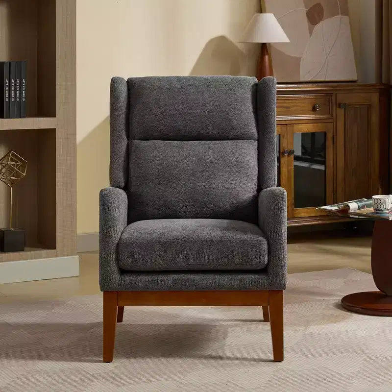 Fauteuil moderne avec assise rembourrée, structure en bois massif, canapé individuel à dossier haut pour salon et chambre à coucher