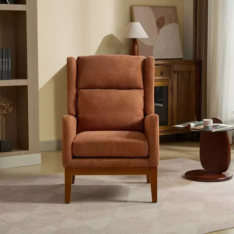 Fauteuil moderne avec assise rembourrée, structure en bois massif, canapé individuel à dossier haut pour salon et chambre à coucher