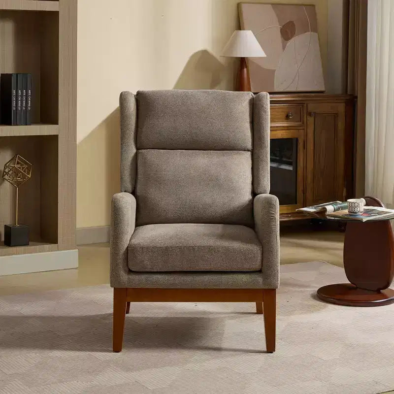 Fauteuil moderne avec assise rembourrée, structure en bois massif, canapé individuel à dossier haut pour salon et chambre à coucher