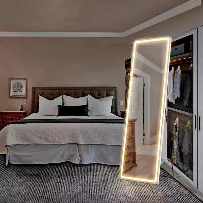 Miroir LED pleine longueur 64x21 pouces avec éclairage 3 couleurs, fixation murale ou autoportant, blanc