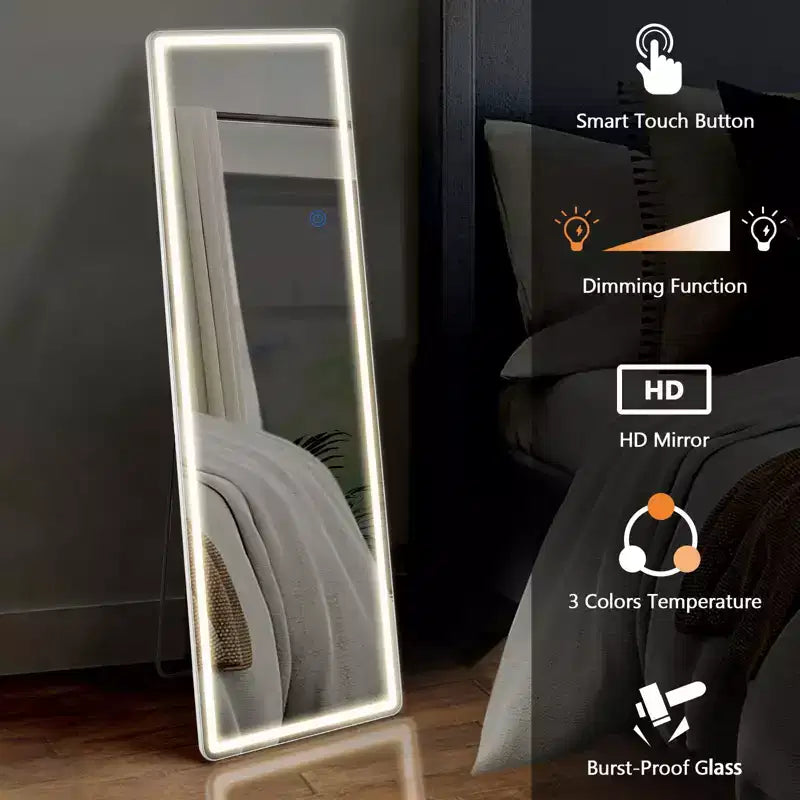 Miroir LED pleine longueur 64x21 pouces avec éclairage 3 couleurs, fixation murale ou autoportant, blanc