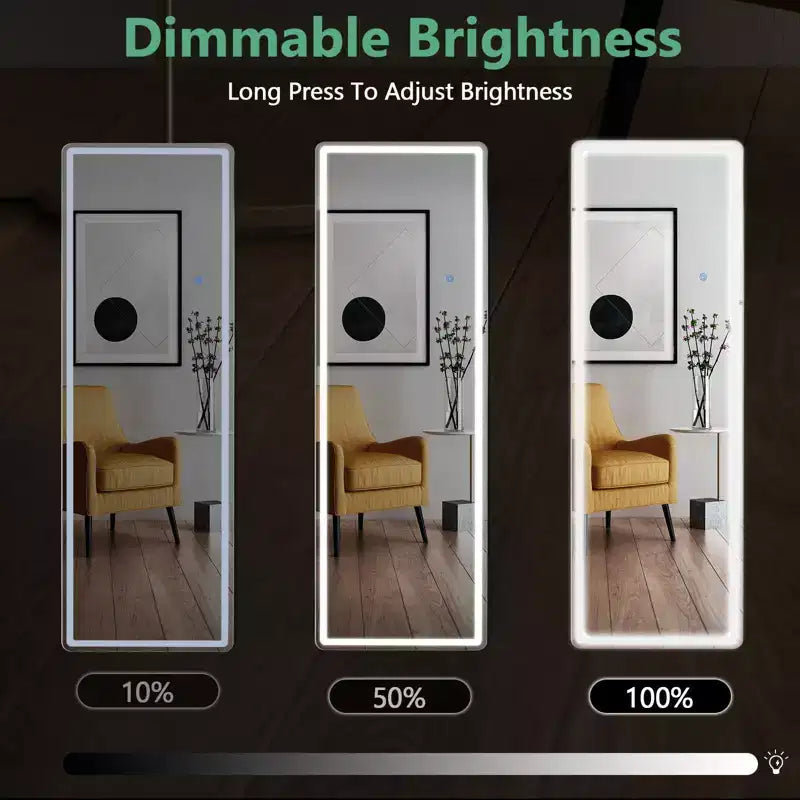 Miroir LED pleine longueur 64x21 pouces avec éclairage 3 couleurs, fixation murale ou autoportant, blanc