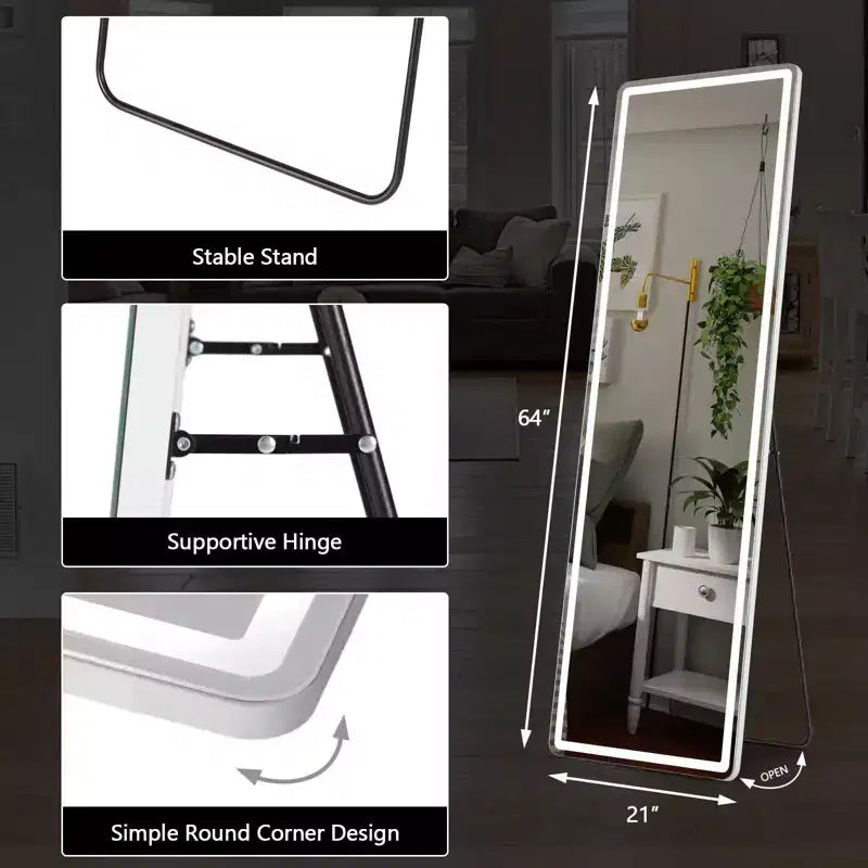 Miroir LED pleine longueur 64x21 pouces avec éclairage 3 couleurs, fixation murale ou autoportant, blanc