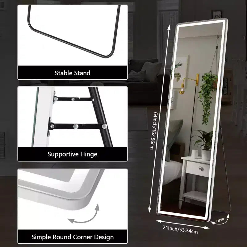 Miroir LED pleine longueur 64x21 pouces avec éclairage 3 couleurs, fixation murale ou autoportant, blanc