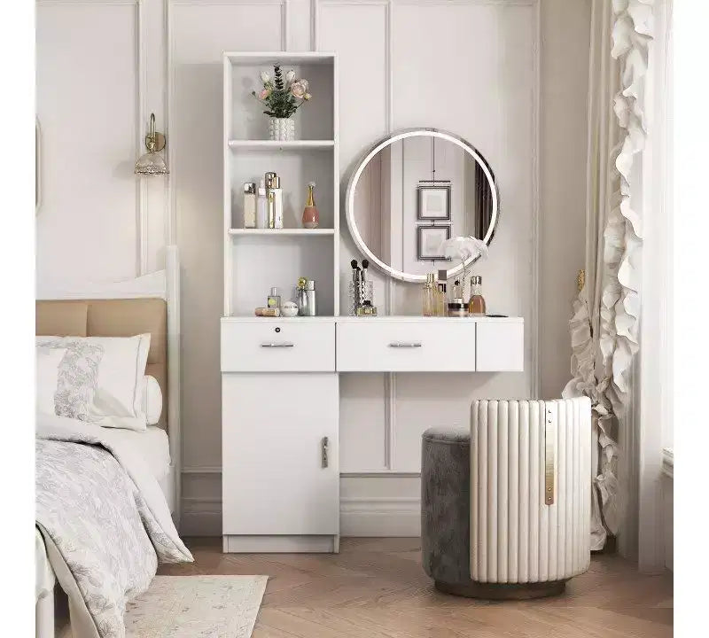 Coiffeuse avec lumières et miroir intégré, rangements multiples, blanche
