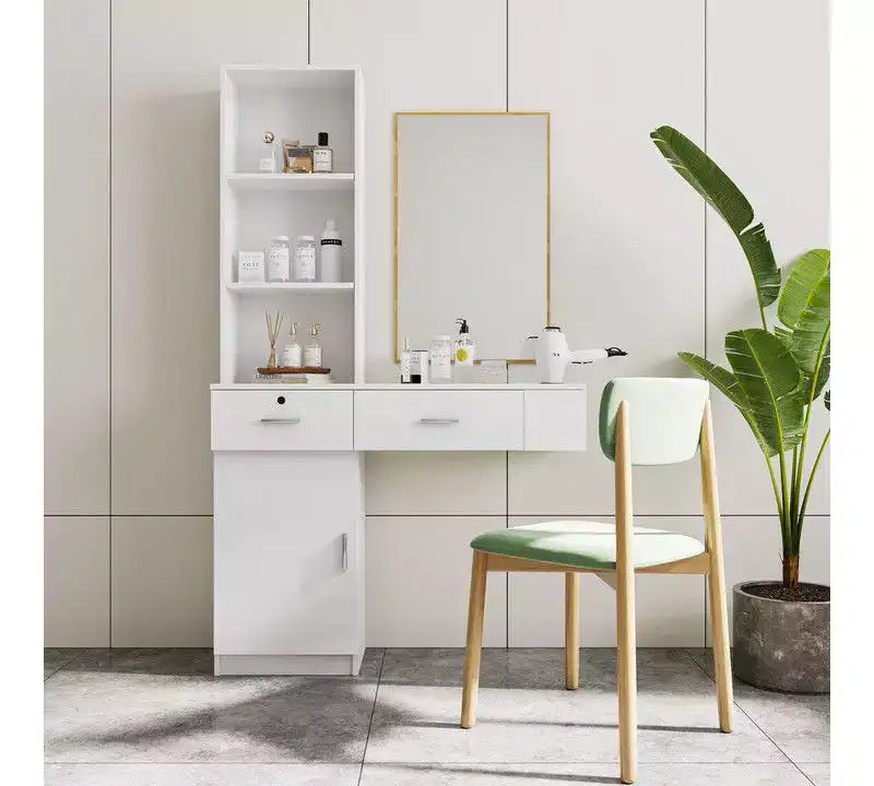 Coiffeuse avec lumières et miroir intégré, rangements multiples, blanche