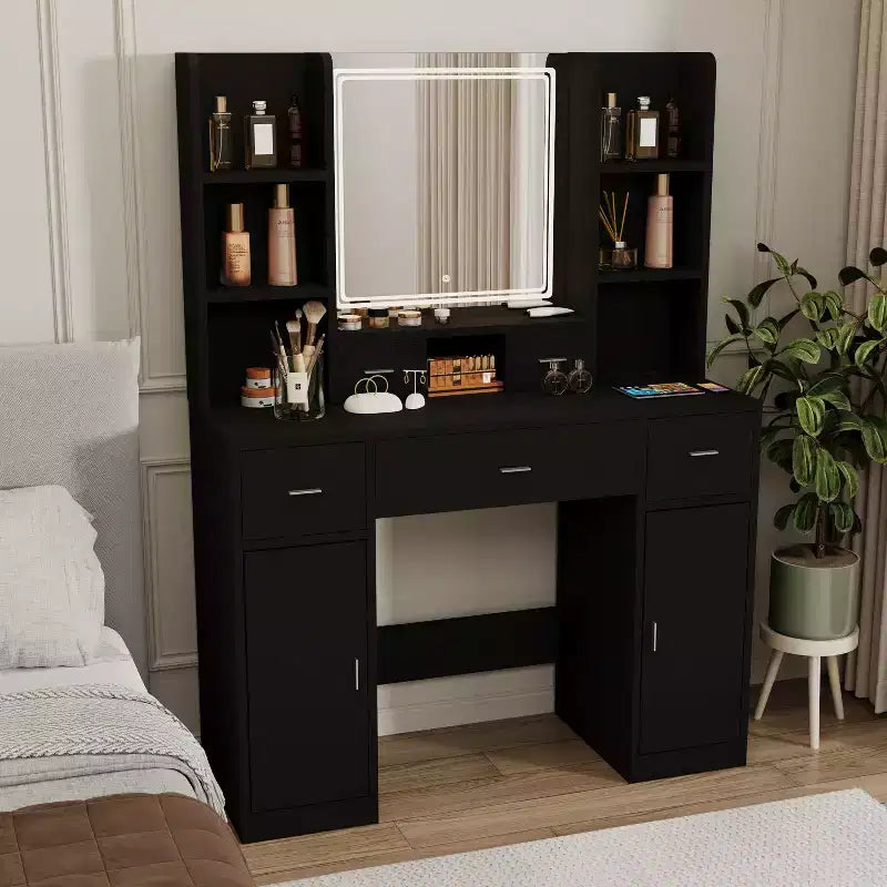Coiffeuse avec Lumières, Tiroirs et Armoire de Rangement, Table de Maquillage avec Coussin Rembourré pour Chambre à Coucher et Salon