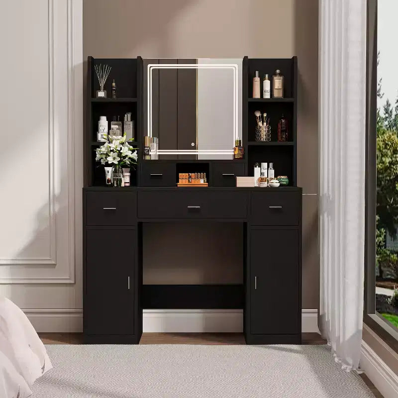 Coiffeuse avec Lumières, Tiroirs et Armoire de Rangement, Table de Maquillage avec Coussin Rembourré pour Chambre à Coucher et Salon