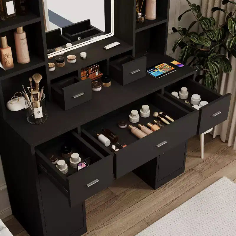 Coiffeuse avec Lumières, Tiroirs et Armoire de Rangement, Table de Maquillage avec Coussin Rembourré pour Chambre à Coucher et Salon