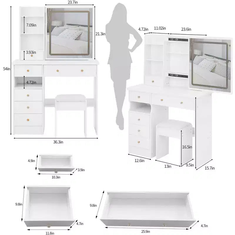 Coiffeuse avec tiroirs, miroir LED et tabouret rembourré - Blanc