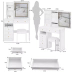 Coiffeuse avec tiroirs, miroir LED et tabouret rembourré - Blanc