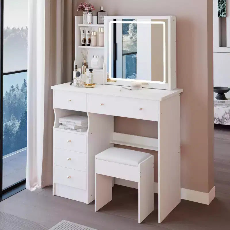 Coiffeuse avec tiroirs, miroir LED et tabouret rembourré - Blanc