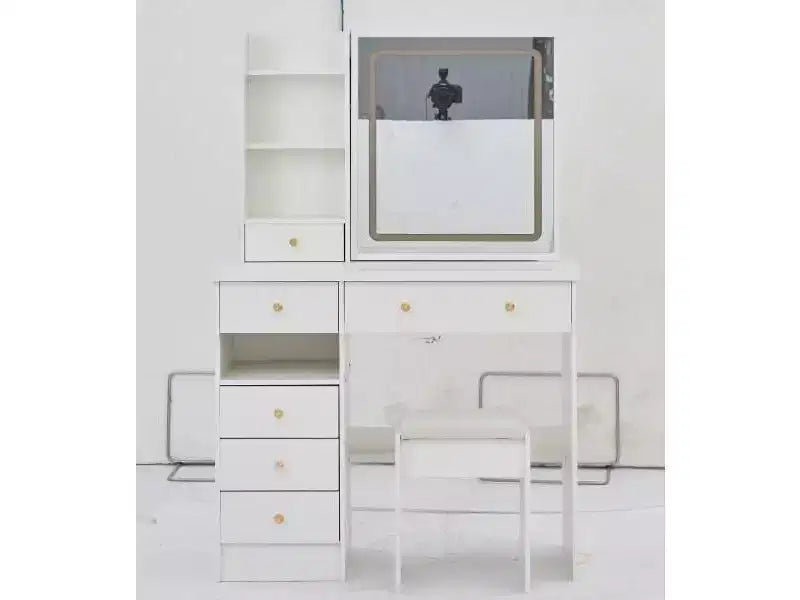 Coiffeuse avec tiroirs, miroir LED et tabouret rembourré - Blanc