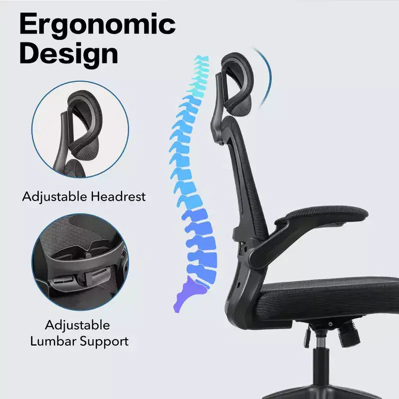 Fauteuil de bureau ergonomique en maille avec appui-tête, support lombaire et accoudoirs relevables