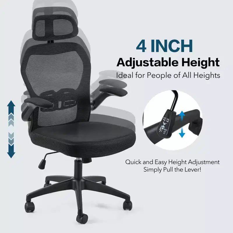 Fauteuil de bureau ergonomique en maille avec appui-tête, support lombaire et accoudoirs relevables