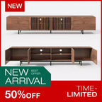 Meuble TV Mid-Century Modern 240 cm, console pour téléviseurs jusqu'à 254 cm, avec placards, portes en bois et cadre métallique, couleur noyer