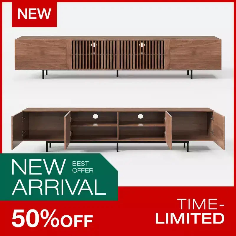 Meuble TV Mid-Century Modern 240 cm, console pour téléviseurs jusqu'à 254 cm, avec placards, portes en bois et cadre métallique, couleur noyer