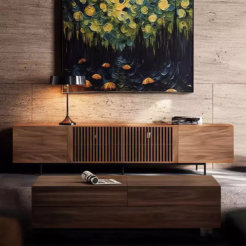 Meuble TV Mid-Century Modern 240 cm, console pour téléviseurs jusqu'à 254 cm, avec placards, portes en bois et cadre métallique, couleur noyer