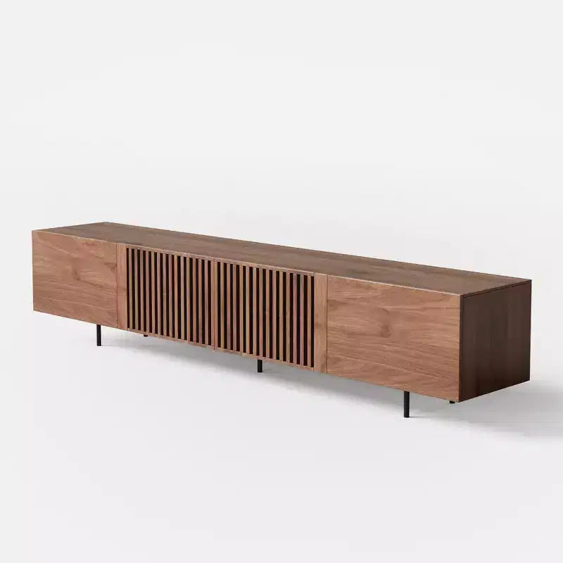 Meuble TV Mid-Century Modern 240 cm, console pour téléviseurs jusqu'à 254 cm, avec placards, portes en bois et cadre métallique, couleur noyer