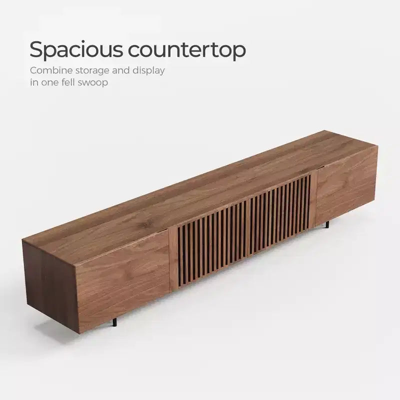 Meuble TV Mid-Century Modern 240 cm, console pour téléviseurs jusqu'à 254 cm, avec placards, portes en bois et cadre métallique, couleur noyer