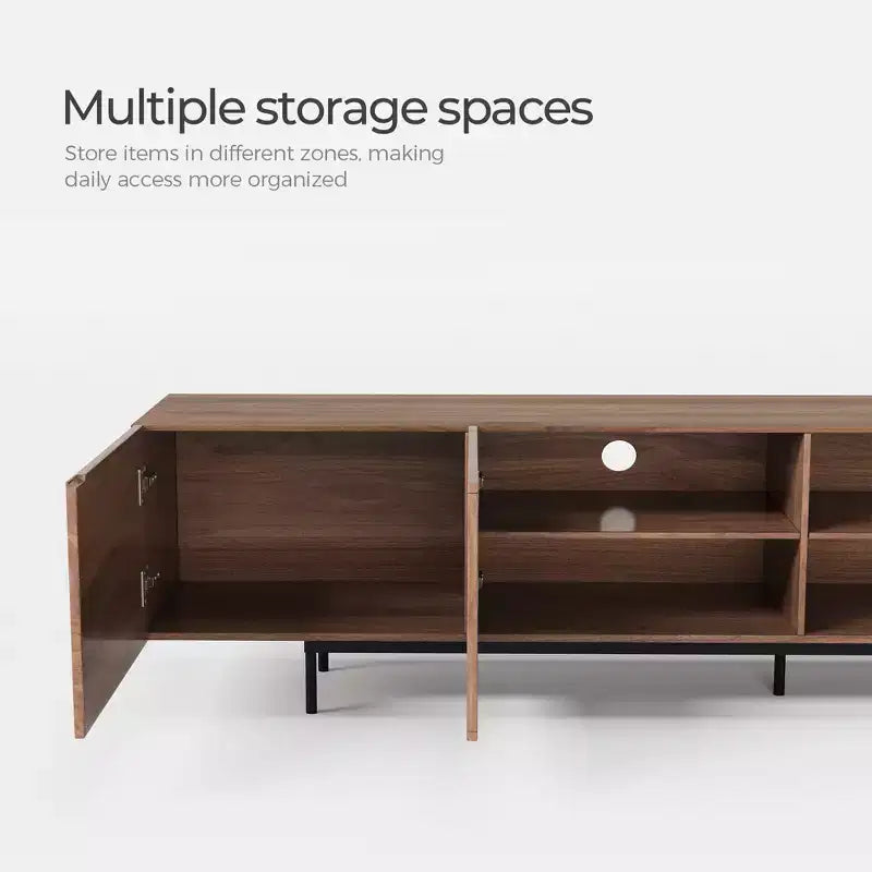 Meuble TV Mid-Century Modern 240 cm, console pour téléviseurs jusqu'à 254 cm, avec placards, portes en bois et cadre métallique, couleur noyer