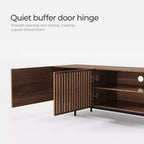 Meuble TV Mid-Century Modern 240 cm, console pour téléviseurs jusqu'à 254 cm, avec placards, portes en bois et cadre métallique, couleur noyer