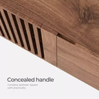 Meuble TV Mid-Century Modern 240 cm, console pour téléviseurs jusqu'à 254 cm, avec placards, portes en bois et cadre métallique, couleur noyer
