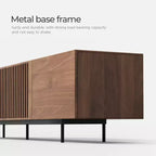 Meuble TV Mid-Century Modern 240 cm, console pour téléviseurs jusqu'à 254 cm, avec placards, portes en bois et cadre métallique, couleur noyer