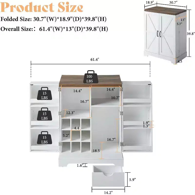 Meuble de bar de ferme avec plateau pliant, casier à vin 9 bouteilles et rangements multiples, blanc rustique