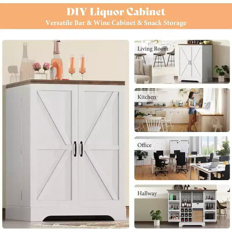 Meuble de bar de ferme avec plateau pliant, casier à vin 9 bouteilles et rangements multiples, blanc rustique