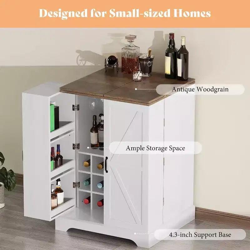 Meuble de bar de ferme avec plateau pliant, casier à vin 9 bouteilles et rangements multiples, blanc rustique