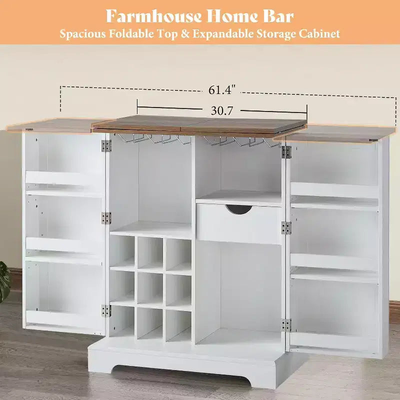 Meuble de bar de ferme avec plateau pliant, casier à vin 9 bouteilles et rangements multiples, blanc rustique